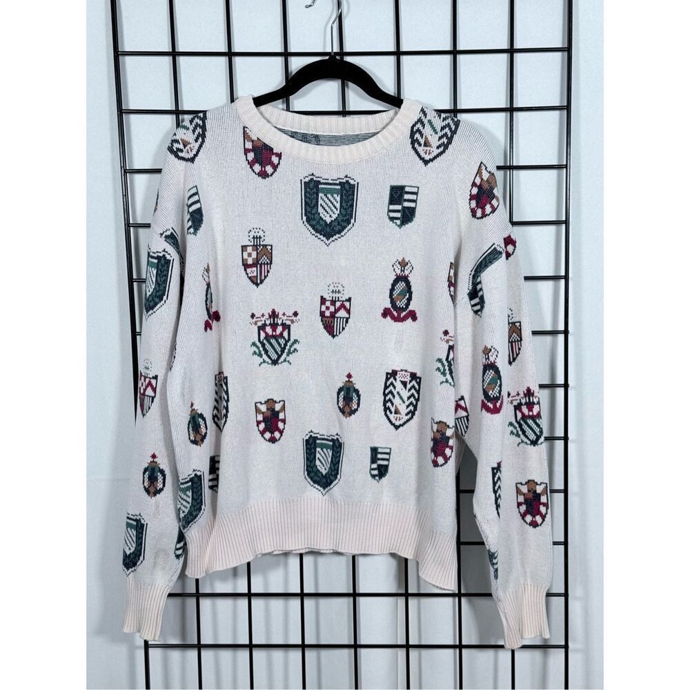 Vintage All Over Shield Crest Sweater Mens XL Ivory Eclectic Grandpa Academia